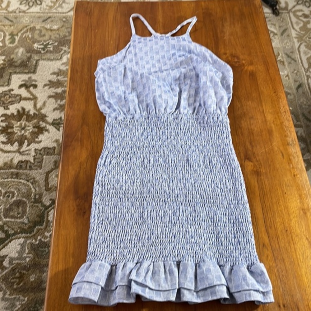 Her Bottari cotton light blue and white textured body contour halter dress
